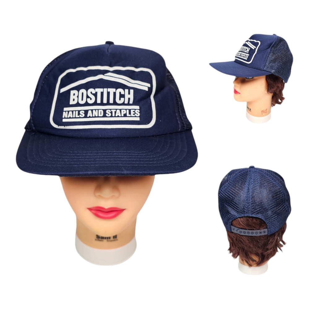 Vintage  Bostitch Hat Mens Mesh Snapback Trucker‎ Cap Nails Staples BlueNew